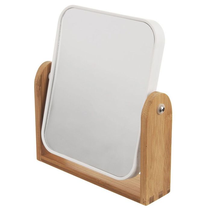 Miroir cosmétique double - Orion - 18x20 cm - Double face - Agrandissement x3 - Cadre blanc - Base en bambou Miroir cosmétique double - Orion - 18x20 cm - Double face - Agrandissement x3 - Cadre blanc - Base en bambou