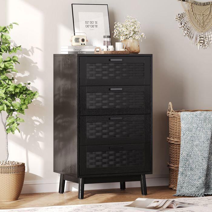 Commode 4 Tiroirs Effet Rotin PVC Meuble de Rangement Bois avec Pieds en Bois Massif Grande Capacité de Stockage Noir