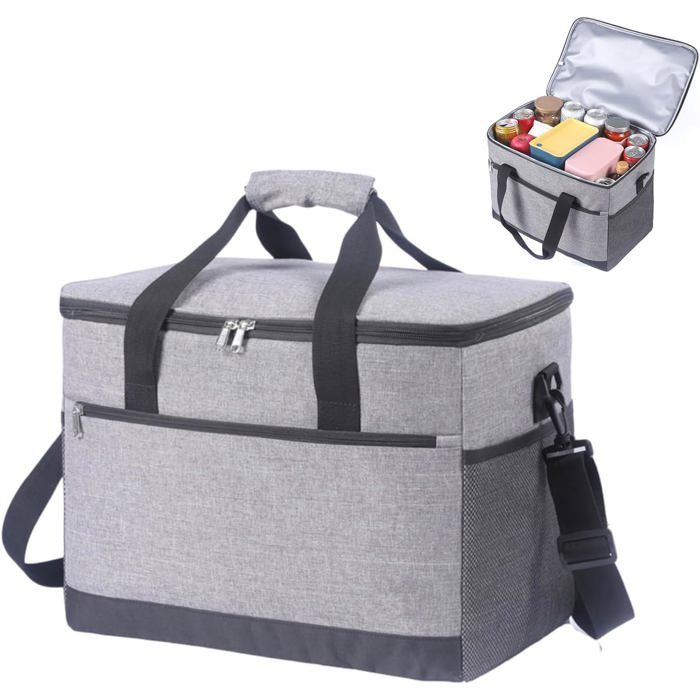 40×26×30CM Sac Isotherme Repas Sac Glaciere Isotherme Sac Lunch Isotherme Étanche pour Courses Barbecue Camping Voyage -Gris
