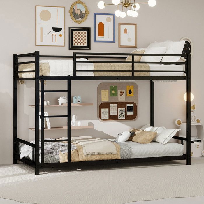 NuvlaGu - Lit superposé minimaliste métallique 90x190 cm avec barrières de sécurité et échelle Pour les familles nombreuses - Noir