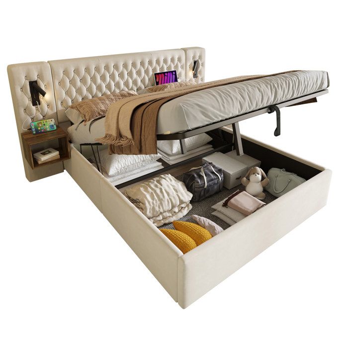 Polsterbett Doppelbett 160×200 cm mit Hydraulischem Stauraum 2 Nachttischen und USB-Leselicht Beige