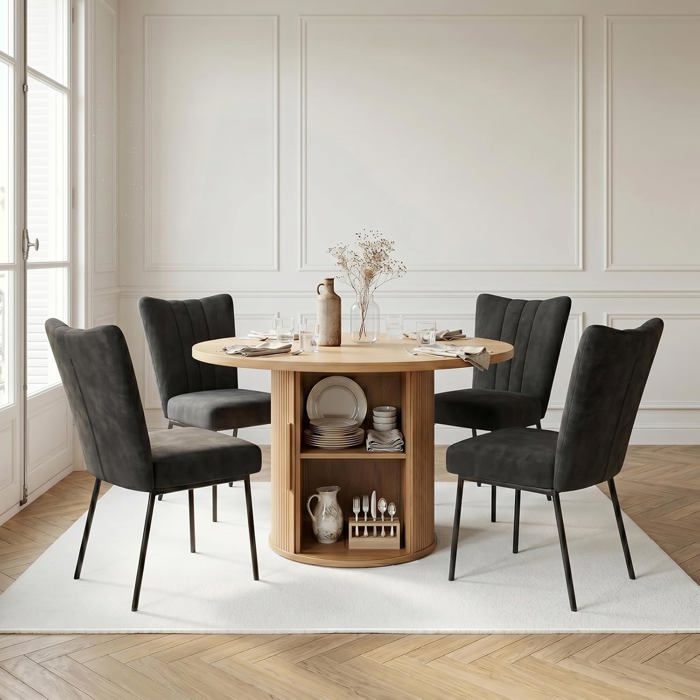 JIEXI Table Ronde en Bois avec Rangement Intégré avec 4 Chaises Rembourrées en Velours Noir