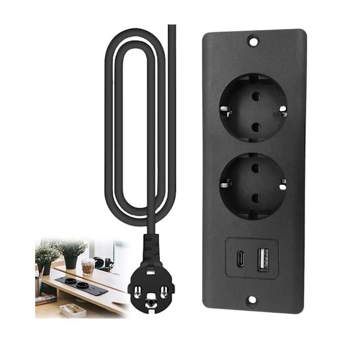 Prise encastrable 4 en 1 avec USB-C PD20W 2 prises AC câble 15 m noir pour bureau et plan de travail