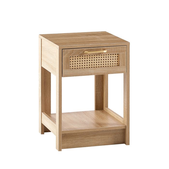 Chevet moderne en rotin avec tiroir table de nuit aspect bois naturel H55 x L40 x P40 cm