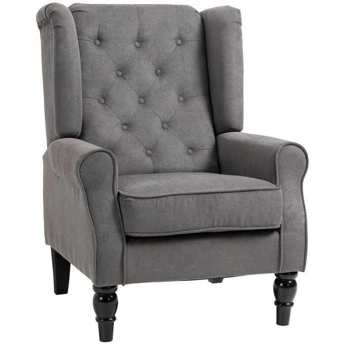 Fauteuil à oreilles de style vintage fauteuil de lecture fauteuil dappoint pieds en bois capitonnage à boutons gris et