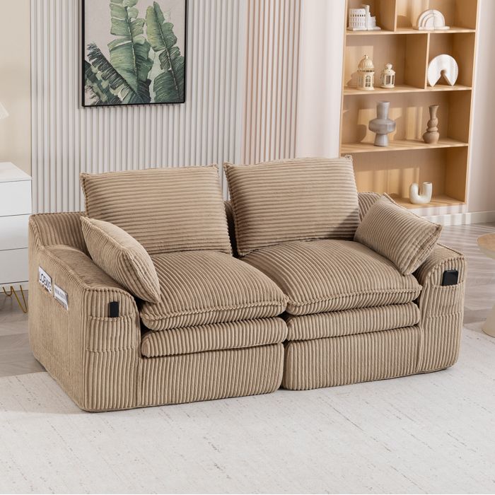 Canapé 2 places modulable velours côtelé kaki salon/bureau poches latérales mousse 3 couches rebond rapide