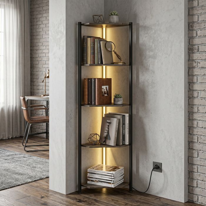 Bibliothèque d’angle - 5 niveaux - Éclairage LED USB 7 couleurs - Marron rustique - 32×32×147 cm