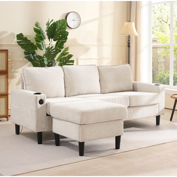 Canapé dangle convertible 3 places avec ports USB et Type-C 2 porte-gobelets rembourré beige