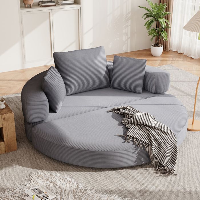 Canapé-lit pliable 2-en-1 en mousse gris lit ovale 173 x 176 cm tissu côtelé avec 3 coussins