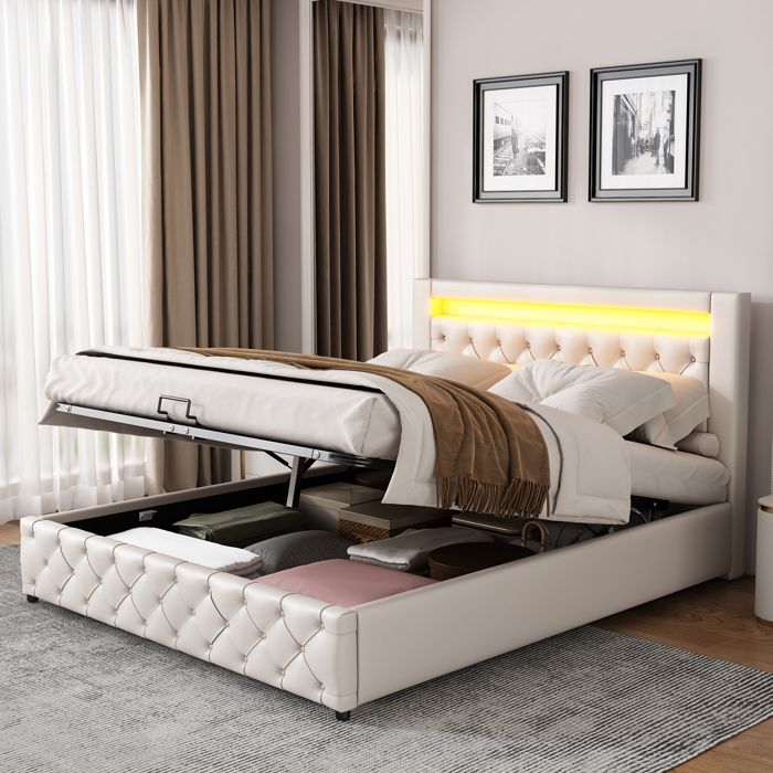Lit coffre rembourré 140 x 200 cm avec sommier à lattes LED tête de lit haute rangement blanc en PU