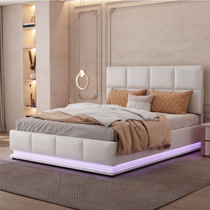 COVREO Lit coffre 140 x 200 cm avec LED sommier à 24 lattes cuir synthétique blanc