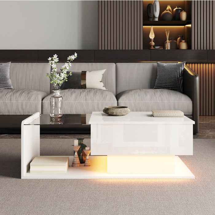 COVREO Table basse relevable 100x50 cm blanc brillant avec verre trempé LED et rangement