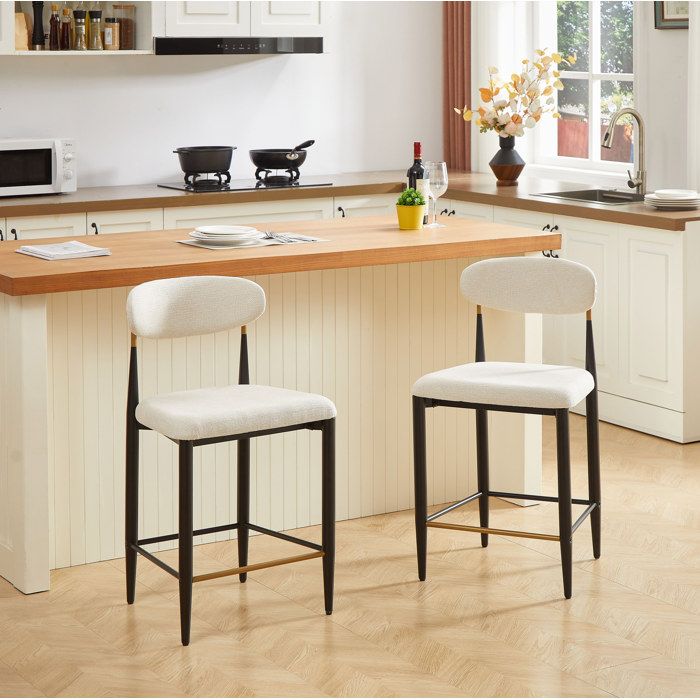 Lot de 2 Tabourets de Bar Hauteur Comptoir Dossier Ergonomique - ELVMI - Assise en Tissu Métal Beige