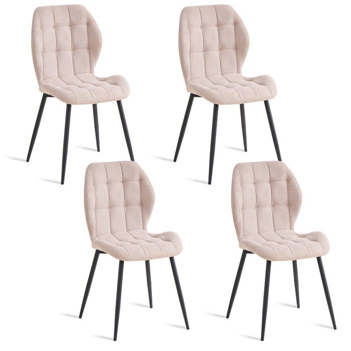 Lot de 4 Chaises - Chaise salle a manger moderne – Capitonnage quadrillé - Revêtement en lin - Pieds métalliques - Blanc