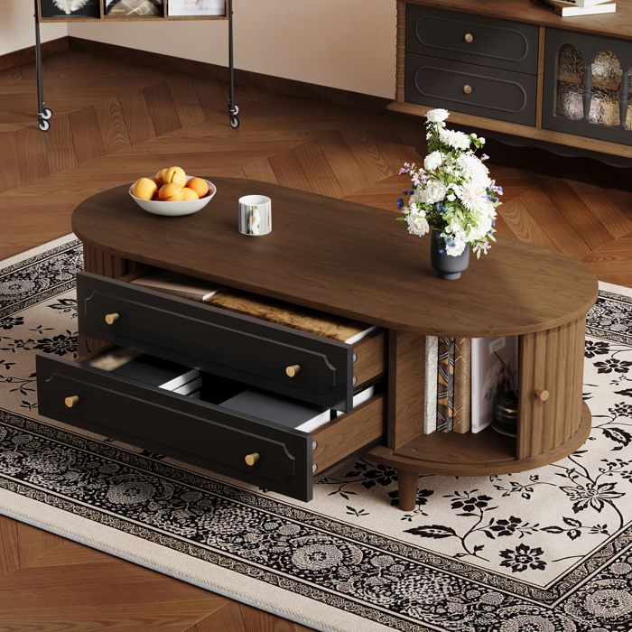 Table basse ovale 100 x 50 x 36 cm avec 2 tiroirs et 2 portes à tambour décor noyer noir style vintage ORVRYN