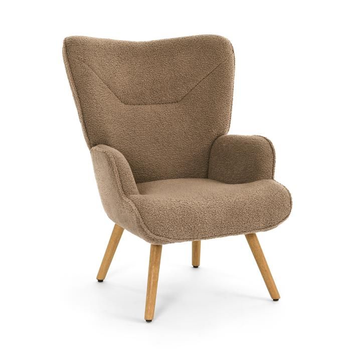GOEURVANT Fauteuil Lounge Scandinave Tissu Teddy Marron Dossier Haut Salon Pieds Bois Confortable à Accoudoirs