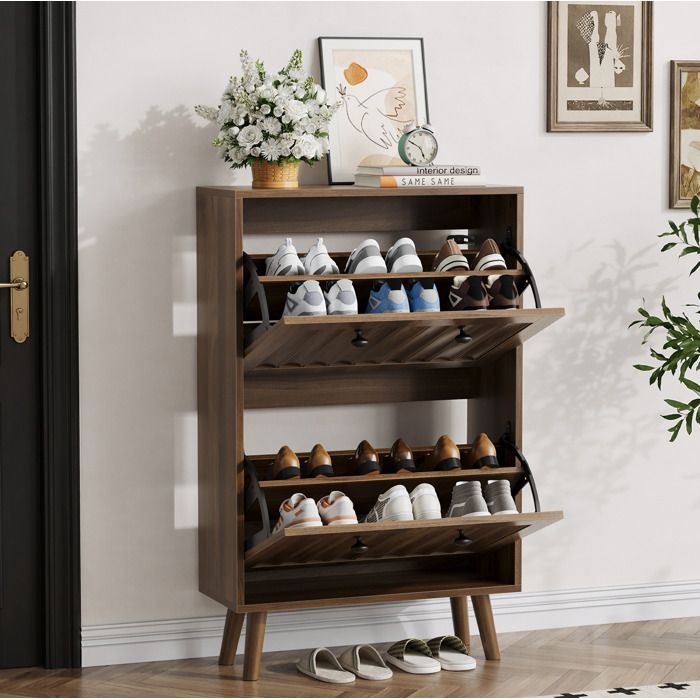 Meuble à Chaussures 2 Portes Abattantes et 1 Niche Ouverte - MEUNIQ - Entrée Noyer 60×24×95 cm