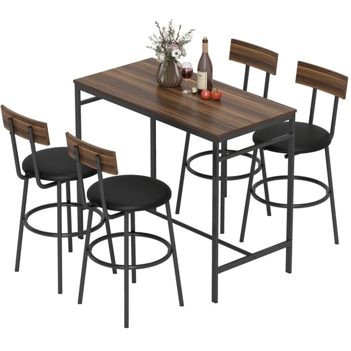 ELVORIN Ensemble table de bar 5 pièces 110 x 55 x 90 cm 1 table haute et 4 chaises style industriel marron