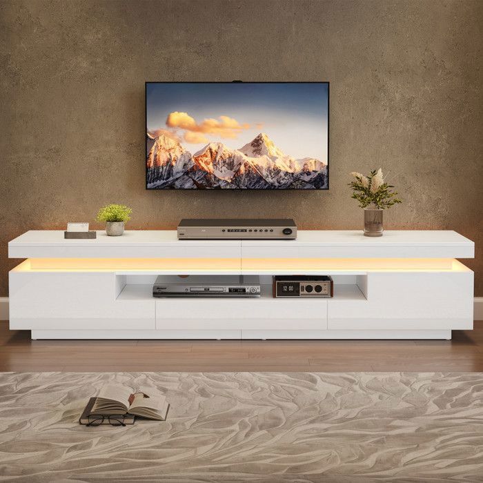 Comfyu - Meuble TV laqué brillant 175 cm - avec 2 caissons en L et tiroir éclairage LED pour téléviseurs jusquà 75 pouces - Blanc