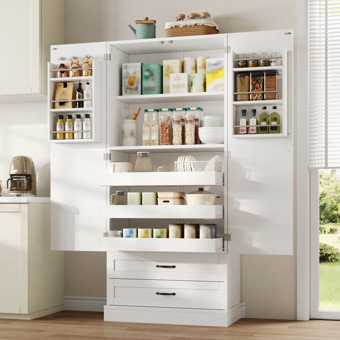 Colonne de cuisine AESVAR 80 x 38 x 180 cm avec 3 étagères coulissantes 2 tiroirs et double porte blanc