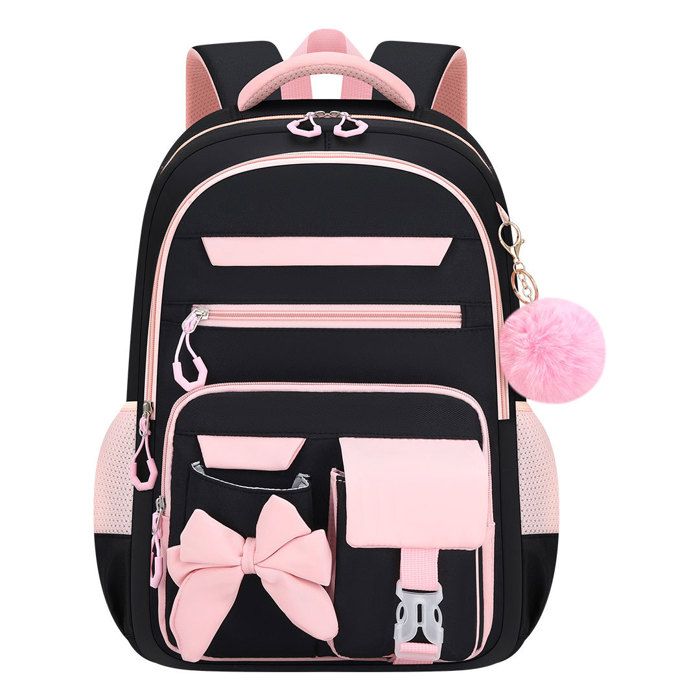 XJYDNCG Cartable Fille PrimaireSac à Dos EnfantMulti‑compartiments Noeud - Noir Rose