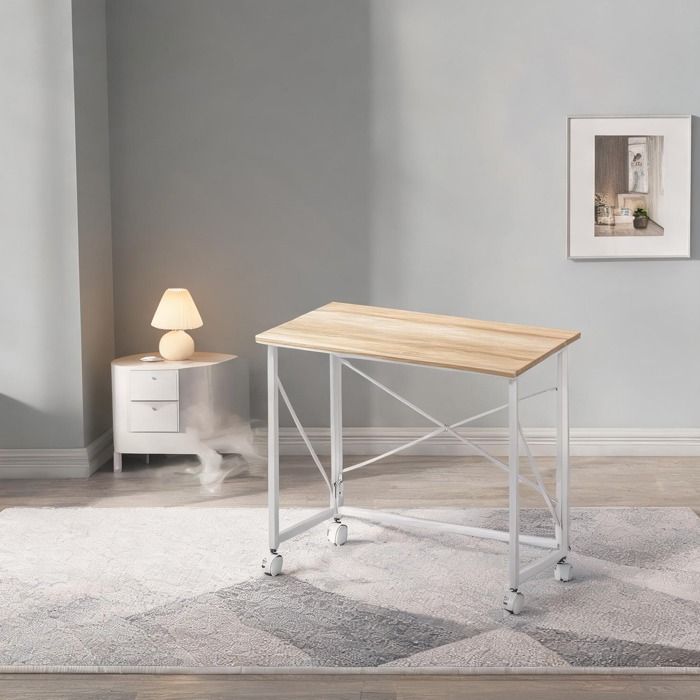 Bureau pliant sur roulettes 80 x 40 cm acier et panneaux de particules charge 30 kg natural-toned