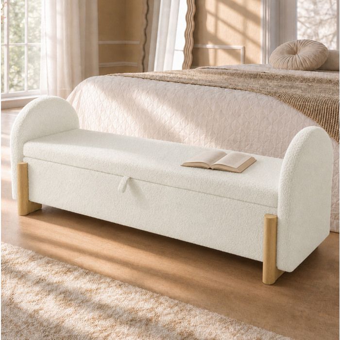 MEULVA Banc de lit avec rangement hydraulique tissu bouclé blanc 146 x 47 x 61 cm