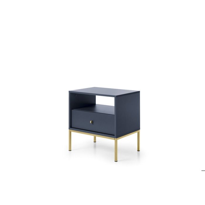 Table de chevet - 3XE LIVING - 53 6×39×56 2 cm - bleu marine - 1 tiroir & étagère - pieds et structure dorés