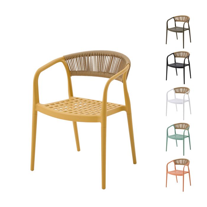 Chaise de jardin Solaro PP résistant aux UV & dossier en corde tressée main Jaune 1 Chaise