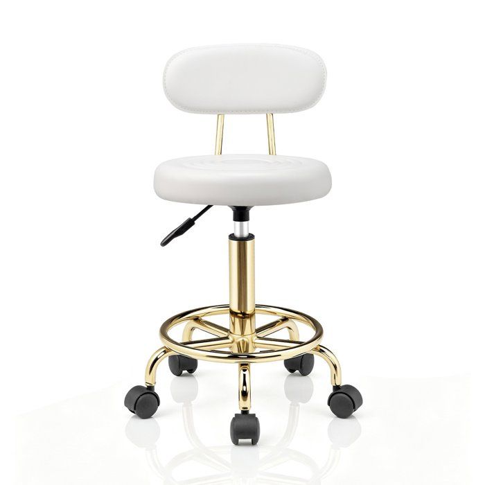 Tabouret roulettes avec Dossier - VINGLI - Tabouret de Bureau Rotation à 360° - Hauteur Réglable 69-84 cm - PU - Blanc et Or