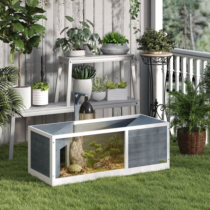 Enclos pour tortues gris 120x50x40cm toit ouvrant support lampe plateau et fenêtre panoramique