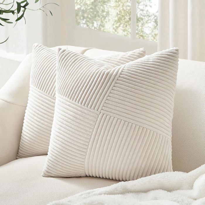 Lot 2 housses coussin 40x40 cm crème velours côtelé rayé bohème Lot 2 housses coussin 40x40 cm crème velours côtelé rayé bohème