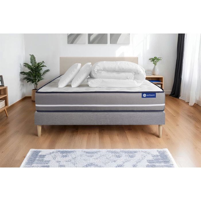 Pack lit complet 160x200 cm - Matelas + Sommier Gris (en kit) + 2 oreillers + Couette - Actimemo Pur