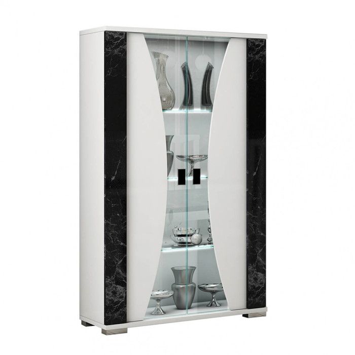 Vitrine 2 Portes Eros Blanc Avec éclairage LED Et Décor Marbre - Dimensions 100x43.5x175 Cm