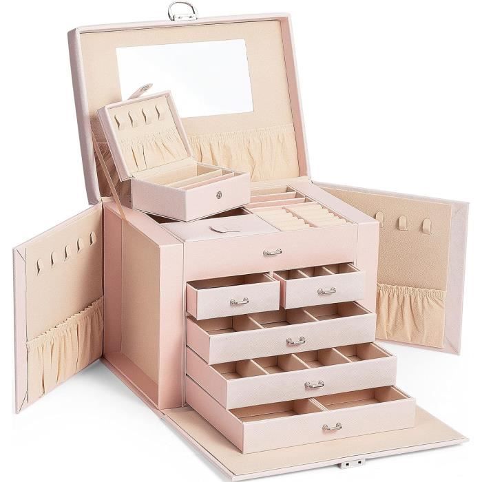 Boîte à Bijoux En Cuir 4 Niveaux Vlando - Verrouillable, Miroir | Rangement Colliers, Bagues, Boucles