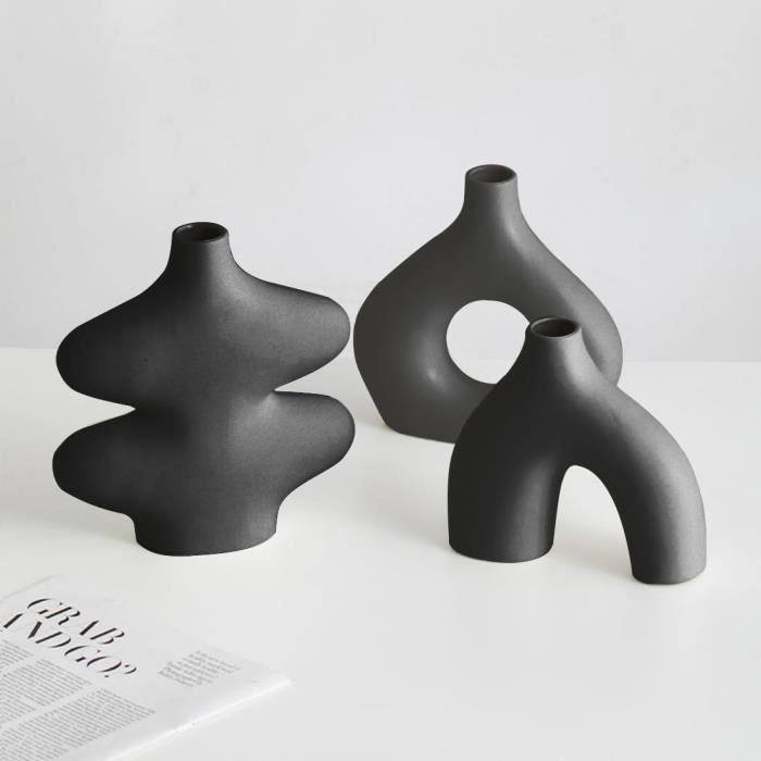 Vase Noir Design, Lot De 3 Vases Céramique Pour Fleurs Séchées, Petit