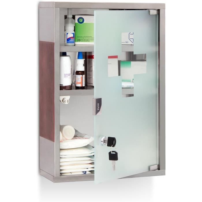 armoire à pharmacie emergency xl, acier inoxydable et bois, large, taille: 45 x 30 x 12 cm, 3 tablettes, verrouillable, 2.[q332]