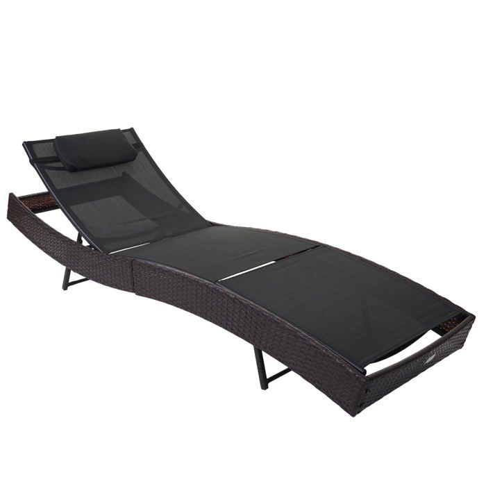 chaise longue transat bain de soleil pour jardin poly-rotin marron housse noir