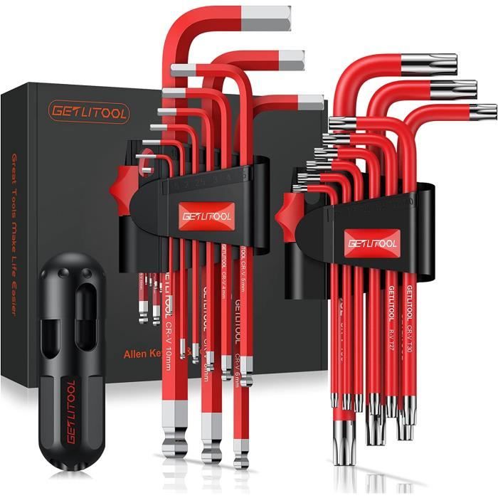 Jeu de Clé Allen 18PCS Clé Allen & Clés Torx, Set de Clés Hexagonales HX 1,5mm10mm &TX T10T50
