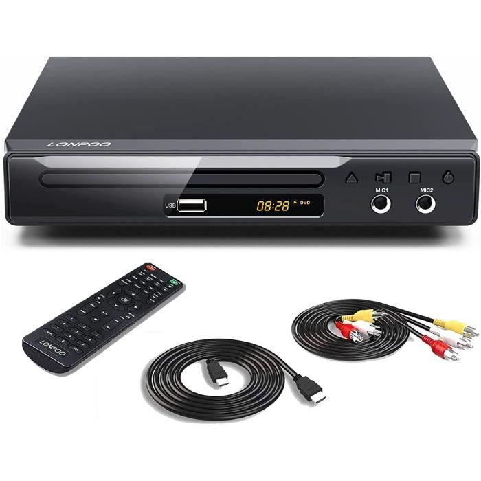 LONPOO Lecteur de DVD pour TV (Port HDMI/ Peritel / AV, Entree USB, MIC Sortie), Coque Metallique HD DVD Player supporte CD,