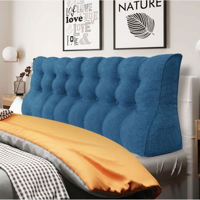 VERCART Coussin de Lecture Coussin de Tête de Lit Coussin à Coins Oreiller de Soutien du Dos Lin Bleu 200CM