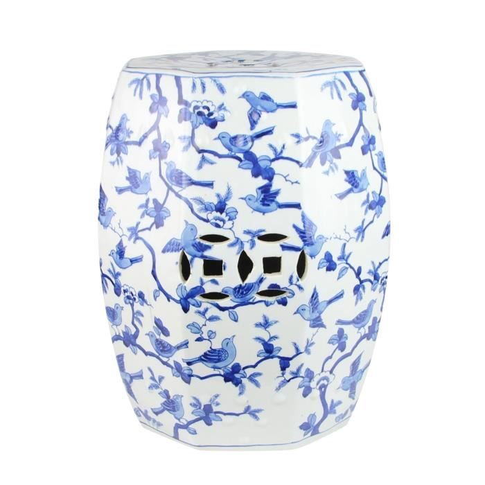 Tabouret Céramique Chinois Poissons Koi Bleu Blanc - Diamètre 33 Cm, Hauteur 46 Cm, Fait Main, Pour Jardin Ou Intérieur