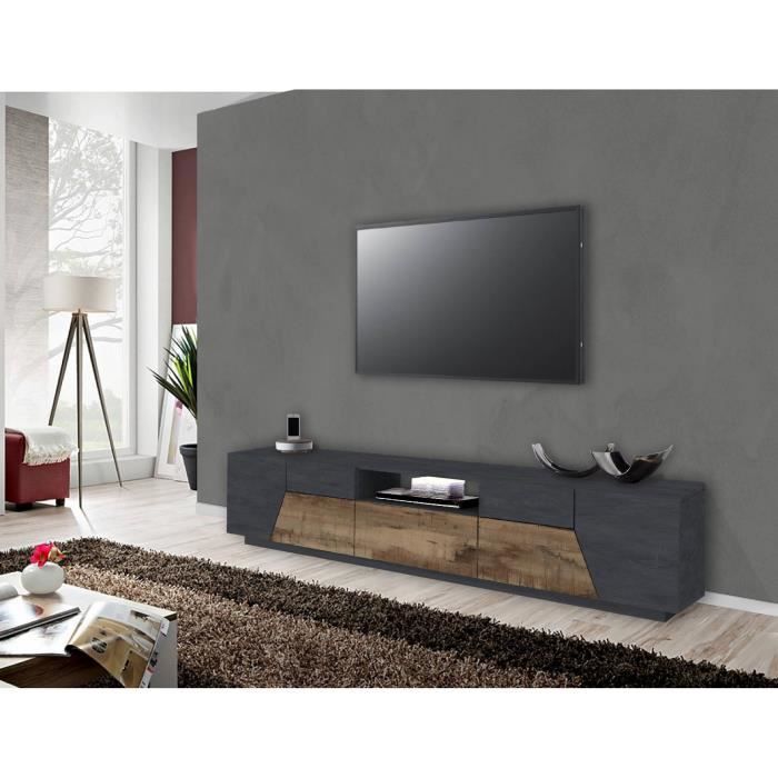 Dmora Meuble TV de salon Made in Italy Meuble TV avec 4 portes géométriques et 1 tiroir Cm 220x43h46 Ardoise et Érable