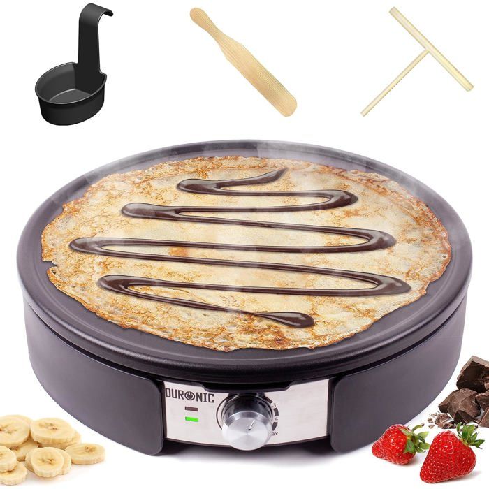 Duronic PM152 Crêpière électrique de 1500W 37 cm Plaque de cuisson antiadhésive et démontable Accessoires inclus Température