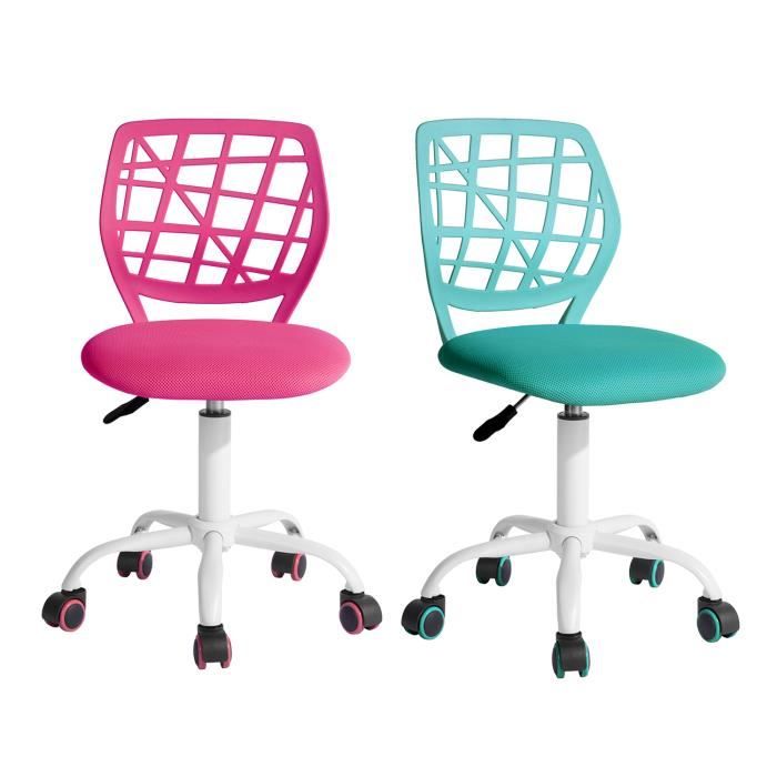 furniturer lot de 2 chaise de bureau adolescents pivotante réglable avec siège en tissu ergonomique, rose+turquoise