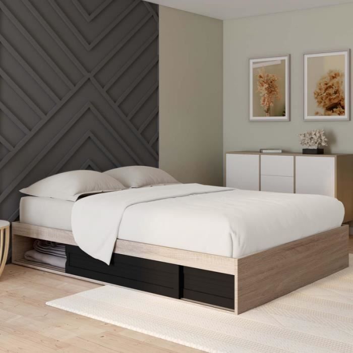 idmarket cadre de lit salem avec rangements et sommier 140 x 190 cm effet bois et noir