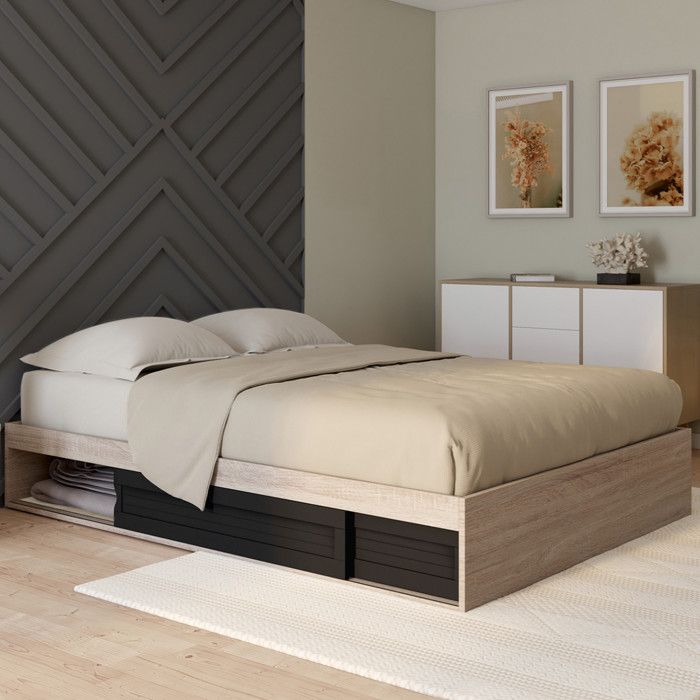 IDMARKET Cadre de lit double SALEM avec rangements et sommier 140 x 190 cm façon hêtre et noir