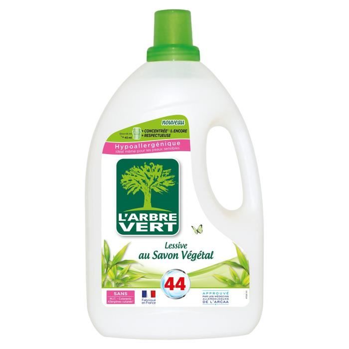 L'ARBRE VERT Lessive liquide au Savon végétal - Hypoallergénique - 44 lavages - 2 L