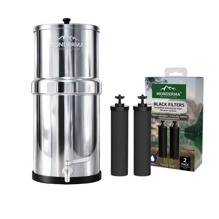 Monderma Big 8.5L - système de filtration d'eau par gravité AISI 304 avec 2 éléments de purification Black filters et robinet 100% inox