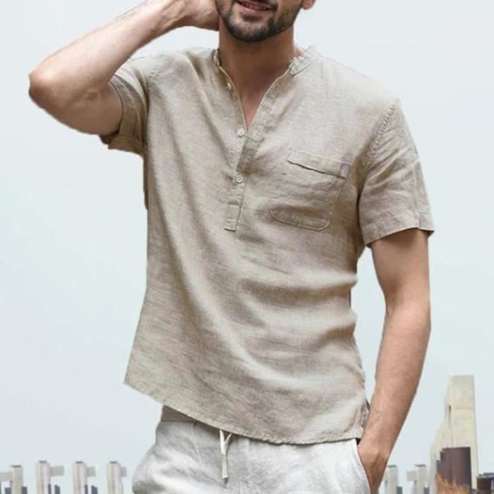 Hommes Baggy coton lin soid couleur à manches courtes T Retro Chemises  Hauts Chemisier Kaki Kaki - Cdiscount Prêt-à-Porter